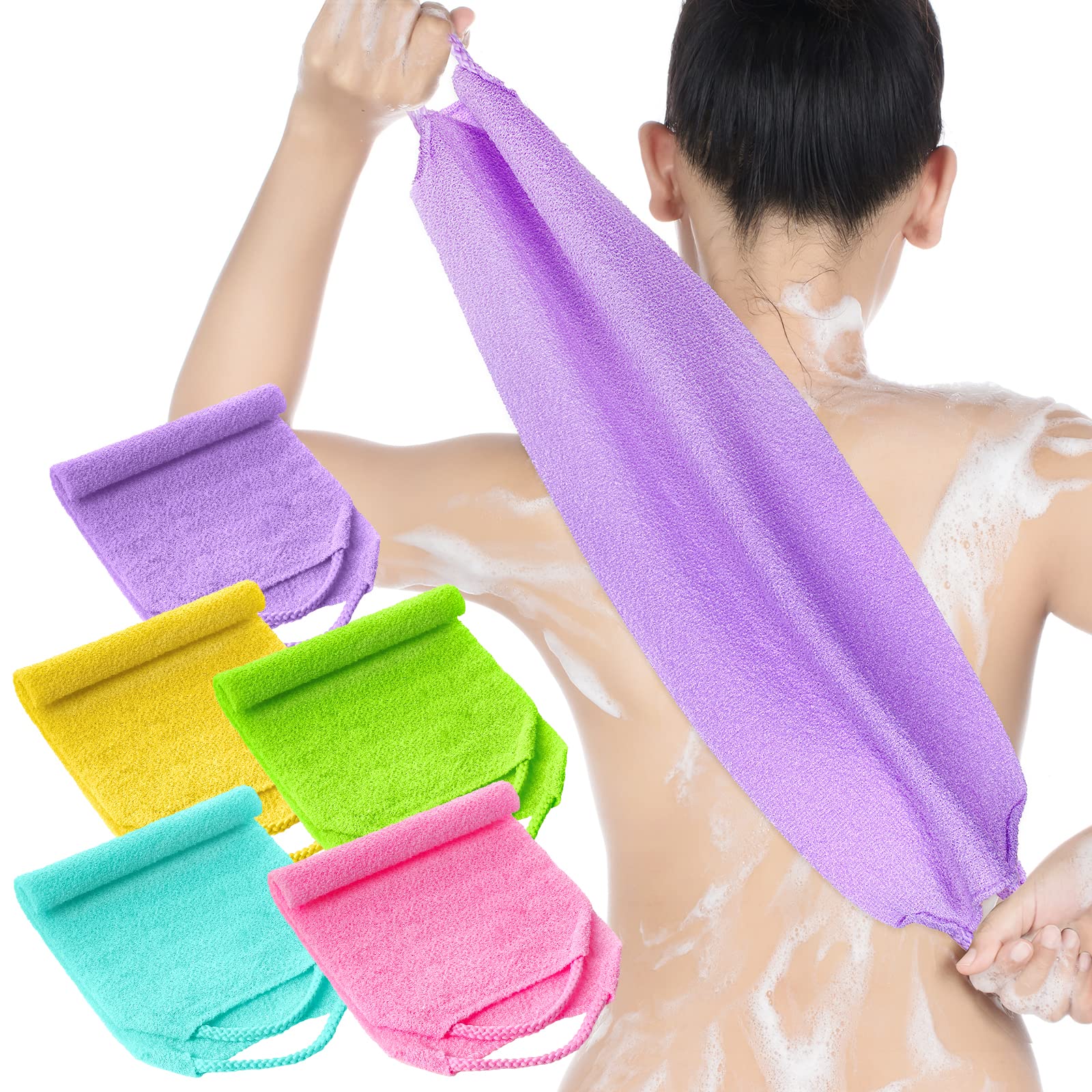 Set of 5 Exfoliating Body Scrubber Back Scrubber for Shower Exfoliating Washcloth with Handles Body Scrub Towel Pull Strap Shower Scrubber for Body Cleans Skin Massages for Women Men